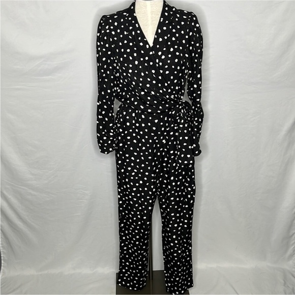 REBECCA TAYLOR BLACK NOVA DOT JACQUARD WRAP SILK BLEND JUMPSUIT - Picture 2 of 3